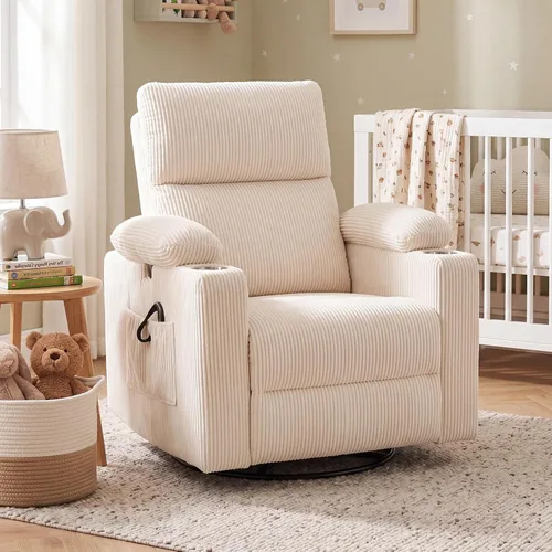 Vista 13 de Glider - Silla reclinable para guardería con reposabrazos ajustables, mecedora con masaje y calor, mecedora giratoria con reposacabezas ajustable