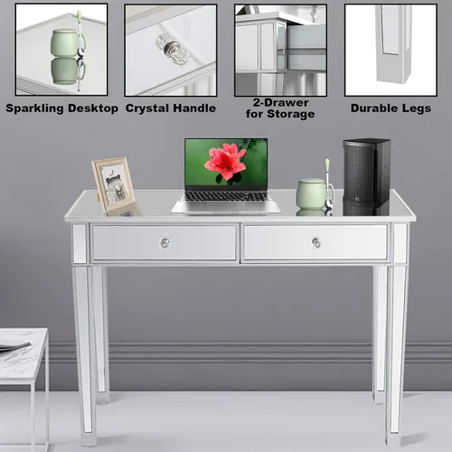 Vista 2 de SSLine Mesa de tocador de maquillaje con espejo, mesa auxiliar moderna para sofá, mesa auxiliar con espejo, mesa de tocador con 2 cajones, mesa