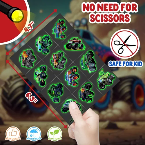 Vista 5 de 96 tatuajes temporales precortados de Monster Truck para niños, suministros para fiestas de cumpleaños, recuerdos y decoraciones súper lindos