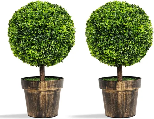 Vista 16 de Goplus Árbol de bola de cedro artificial de 21.5 pulgadas, juego de 2 plantas artificiales en maceta, arbustos artificiales con maceta de cemento