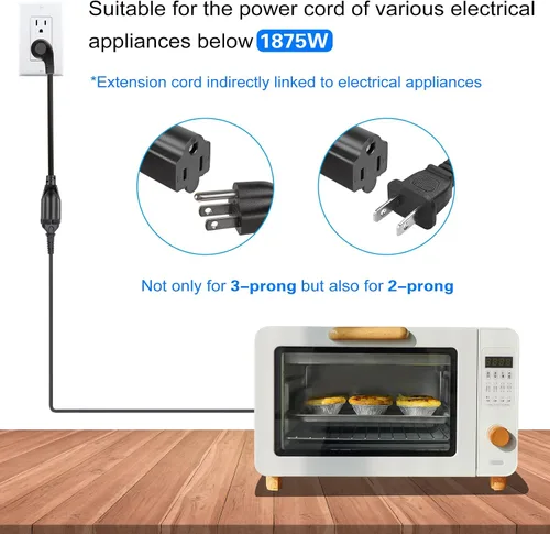 Vista 4 de VSEER Cable de extensión de enchufe plano resistente de 3 pies, 1875 W, 15 A, 14 AWG, protector de toma de corriente, cable de extensión de Negro