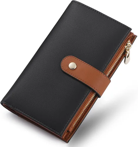 Vista 22 de yiijay Cartera para mujer con bloqueo RFID, de cuero vegano, triple pliegue, tarjetero para tarjetas de crédito, cartera de viaje con soporte