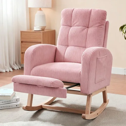 Vista 13 de NIOIIKIT Mecedora para guardería, mecedora tapizada de pana con reposapiés ajustable, silla mecedora copetuda con bolsillo lateral, mecedora café