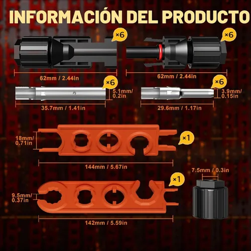 Vista 4 de PEBA Kit de herramientas de prensado, crimpadora solar para cable de panel solar AWG 16-10, con 6 pares de conectores solares IP68 y 1 par de llave