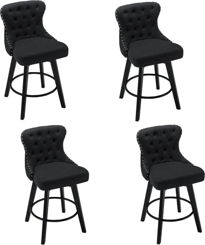 Vista 11 de Juego de 2 taburetes de bar giratorios de 360° con botón acolchonados, taburetes de bar tapizados de 26 pulgadas con patas de madera maciza