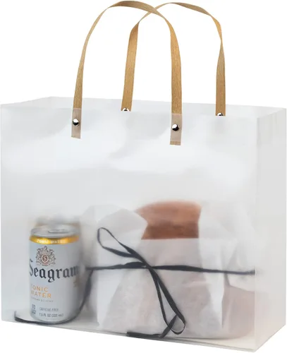 Vista 2 de Hammont Bolsas de regalo transparentes esmeriladas – Paquete de 10 – Bolsas reutilizables de plástico con mango de paja marrón – 9.75 x 11.75 x 4.5