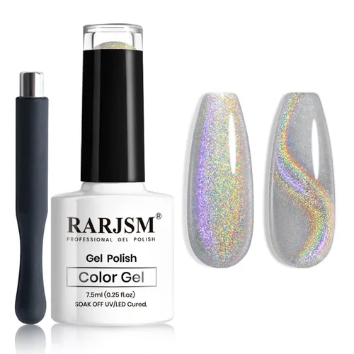 Vista 8 de RARJSM Esmalte de uñas de gel con purpurina holográfica plateada, efecto arcoíris galáctico, universal, sin imán, para secado con lámpara UV o LED