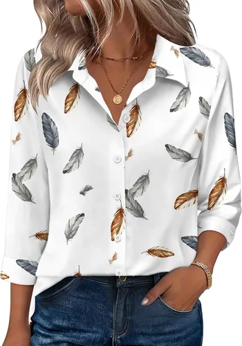 Vista 6 de Zeagoo Camisas con botones para mujer, manga 3/4, cuello en V, blusas con cuello en V, trajes casuales de negocios