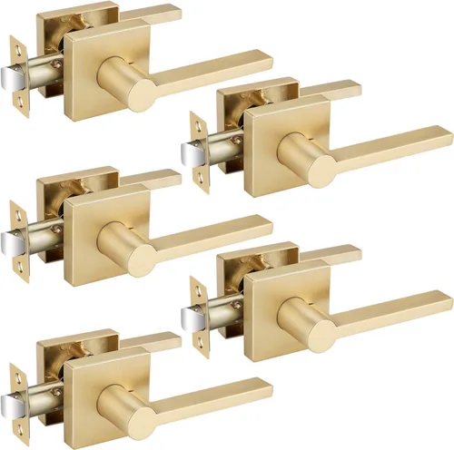 Vista 35 de EHOMEWARE Juego de manijas dobles para puerta delantera, paquete de 1 manija de puerta cuadrada de latón satinado, combinación de perilla de puerta