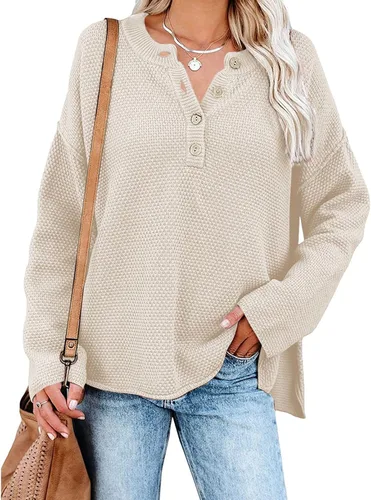 Vista 2 de Pink Queen Suéter de punto con cuello en V para mujer, de gran tamaño, manga larga tipo murciélago, estilo Henley