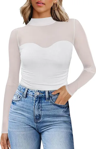 Vista 41 de Camisas de manga larga de malla sexy para mujer, ropa de moda, cuello de tortuga, drapeada, para salir, trajes de otoño, blusas ajustadas Negro