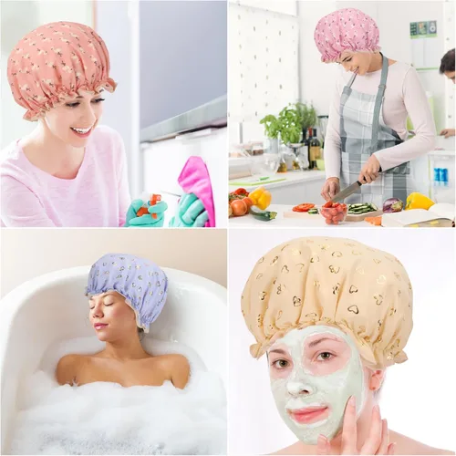 Vista 6 de 4 Piezas Gorros de Ducha para Mujeres y Niña, Gorro de Baño Reutilizable e Impermeable con Doble Capa Impermeable, Patrón de Pájaro y Corazón
