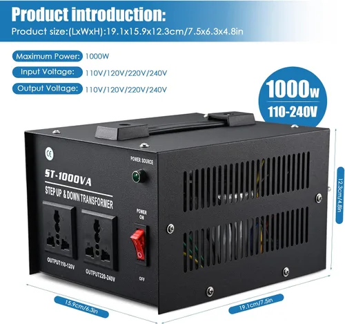 Vista 3 de Transformador de voltaje de 1000 W - Paso arriba y abajo - Protección de disyuntor de circuito Transformador de potencia universal de salida dual