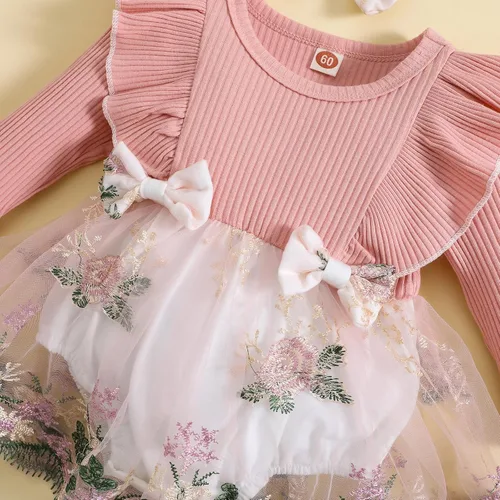 Vista 6 de Mameluco de manga larga con volantes para bebé niña, mameluco bordado de malla, vestido tutú para otoño