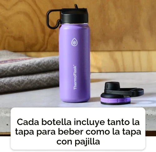 Vista 3 de Thermoflask - Botella de agua de acero inoxidable con doble aislamiento y dos tapas, 18 onzas, negro