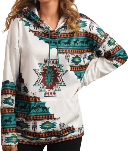 Vista 2 de Lanaoree Sudadera con capucha para mujer, estilo étnico occidental, estampado azteca, vaquera, rombos