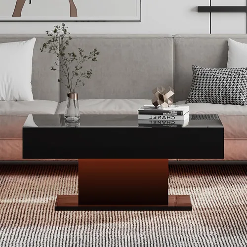 Vista 8 de HedoAjim - Mesa de café LED para sala de estar, mesa rectangular central de sala de estar, mesas de café modernas de madera con alto brillo y luces