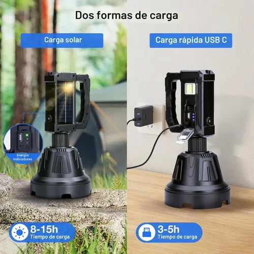 Vista 3 de Foco Solar Recargable de 3,000,000 Lúmenes de Alto Brillo, Focos LED Súper Brillantes para Exteriores, Linterna de Mano de Largo Alcance con 6