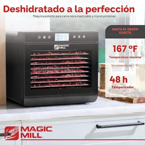 Vista 3 de Magic Mill - Máquina deshidratadora de alimentos premium (10 bandejas extra grandes de acero inoxidable) Secador de 700W para cecina de ternera
