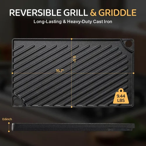 Vista 2 de EWFEN - Parrilla reversible de hierro fundido pre-sazonado de 16.7 x 9.5 pulgadas, utensilios de cocina de doble quemador, plancha rectangular