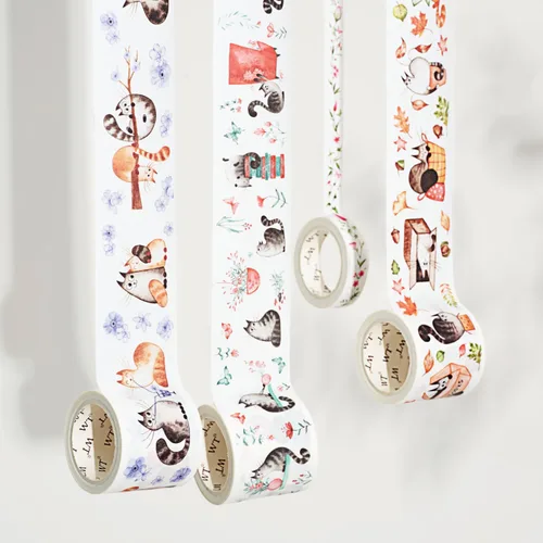 Vista 8 de WT Chonky Cat Washi - Juego de calcomanías de cinta Washi, 4 rollos, diseños originales, calcomanía decorativa de acuarela de lindo gato, calcomanía