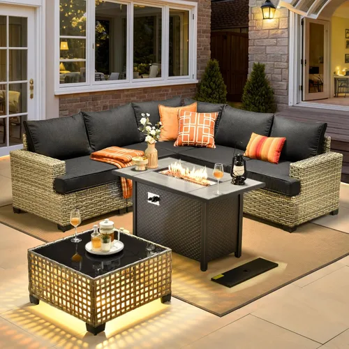 Vista 66 de HOOOWOOO Juego de muebles seccionales de patio con mesa de luz solar, 6 piezas de mimbre para exteriores, sofá en forma de L, juego de conversación