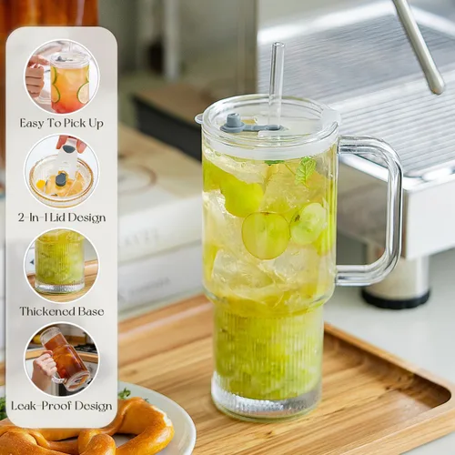 Vista 4 de KEMORELA Paquete de 2 vasos de vidrio acanalado de 26 onzas con asa y tapa, grandes tazas de café helado estéticas con pajitas, tazas de vidrio