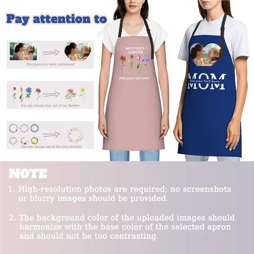 Vista 2 de Delantales personalizados para mujer, diseño de delantal de chef ajustable con nombre, textos, fotos, flores, regalos para el día de la madre