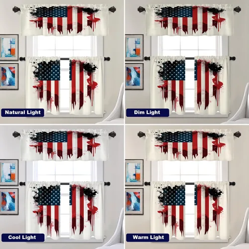Vista 254 de Batmerry American Flag Ink Dot Blackout Tier Curtains, Red Blue White Stars Abstract Thermal Insulated Half Curtain Rod Pocket Small Valance for