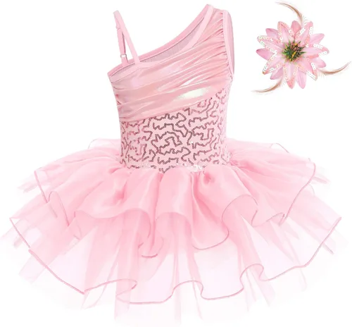 Vista 3 de IDOPIP Vestido de ballet con lentejuelas y un hombro para niñas pequeñas, tutú con volantes, falda de bailarina, 3-10 años