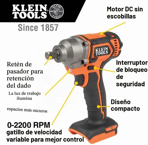Vista 2 de KLEIN TOOLS BAT20CW Llave de impacto a batería de 1/2 pulgada con diseño compacto para un excelente control en espacios reducidos