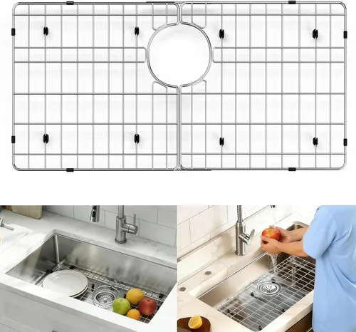Vista 9 de Protectores de fregadero de acero inoxidable para fregadero de cocina, estante de fregadero de metal de 12.25 x 11.5 pulgadas con orificio