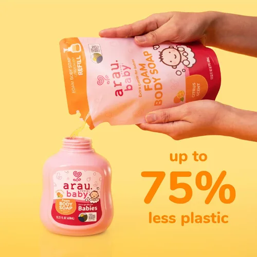 Vista 6 de Arau Baby Jabón corporal de espuma, repuesto de aroma cítrico, gel corporal espumoso natural a base de plantas para bebés, bebés y niños pequeños