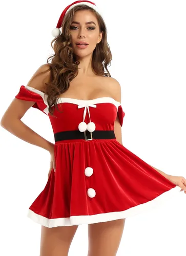 Vista 3 de TiaoBug Vestido de Navidad para mujer, disfraz de fiesta de Navidad, mini vestido con sombrero