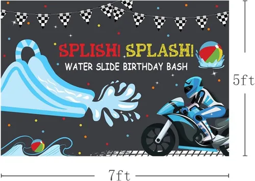 Vista 3 de MEHOFOND 7 x 5 pies para niños, tobogán acuático, telón de fondo para fiesta de cumpleaños, fiesta de piscina, motocross, bday, verano, natación