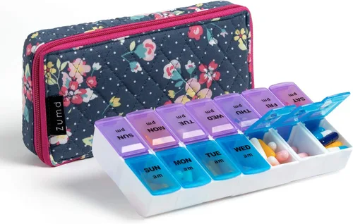 Vista 18 de Organizador Semanal de Pastillas 2 Veces al Día, Pastillero Zumd de 7 Días con Bonita Funda de Tela Acolchada con Cremallera, Estuche de Pastillas