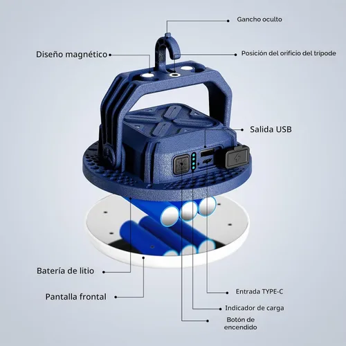 Vista 4 de VAVOFO Linterna LED de Campamento Recargable de 30W, 3000LM, 124 LED con 3 Modos de Iluminación, Luz Portátil para Tienda de 7200mAh con Imán
