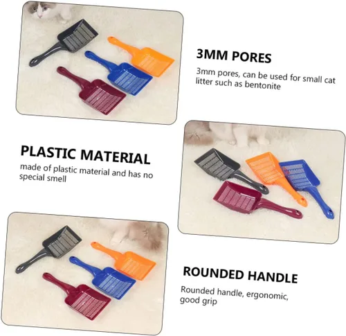 Vista 5 de 4 cucharas de arena para gatos, herramientas de limpieza de arena para gatos con agujeros pequeños, mango cómodo para mascotas para limpieza