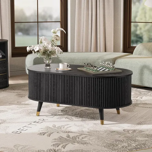 Vista 6 de SULIVES Mesa auxiliar ovalada con almacenamiento, mesa de centro multifuncional con tambor elevable, pequeña mesa central acanalada para sala