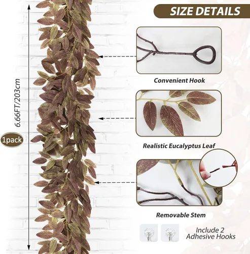 Vista 2 de RECUTMS Guirnalda artificial de otoño, plantas de vegetación sintética 1 pieza seda marrón