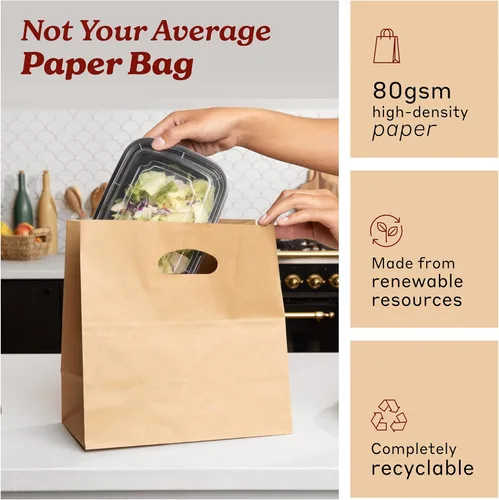 Vista 4 de PTP BAGS - Bolsas naturales y blancas de papel de estraza, 11 x 6 x 11 pulgadas, bolsas para servicio de alimentos