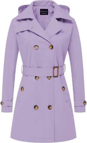 Vista 8 de CREATMO US Gabardina para mujer con doble botonadura clásica con solapa, con cinturón y capucha desmontable Albaricoque