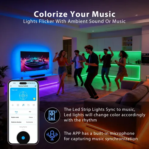 Vista 4 de DAYBETTER Tira de luces LED de 50 pies, sincronización de música, tiras de luz LED RGB con control remoto y aplicación, luces LED que cambian