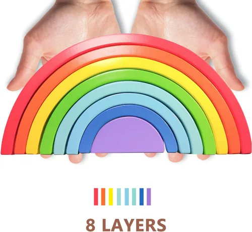 Vista 6 de TUOWITA Juguete apilable de madera arco iris, juego grande de arco apilador de madera, bloques de construcción de arco Montessori, bloques