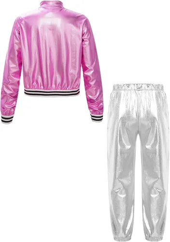 Vista 2 de TiaoBug Kids Boys Girls Jazz Hip Hop Dance Costumes Shiny Metallic Long Sleeves Bomber Jacket and Pants Set Dancewear