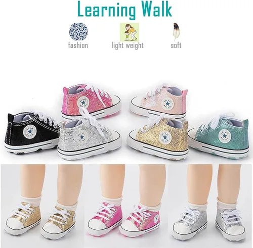 Vista 4 de Zapatos de lona para recién nacidos, para niños y niñas, suela suave, sin cordones, para primeros pasos, zapatos planos para cuna, de mezclilla