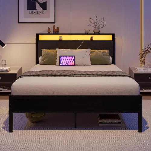 Vista 6 de Base de cama de tamaño matrimonial con estantes de almacenamiento, cabecera tapizada, color gris LED Lights Charging Station,Heavy Duty Metal Bed