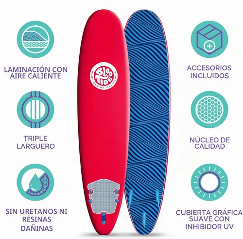 Vista 4 de Bloo Tide Tabla de surf de 8 pies con parte superior suave roja con diseño de Wavizm azul gráfico inferior