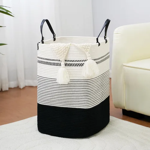 Vista 15 de Cesta grande de 79 L para ropa sucia, cesta tejida de algodón con asas, cesta de almacenamiento para ropa sucia en el baño, cesta decorativa