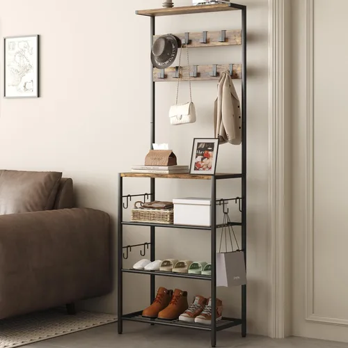 Vista 3 de HOMEFORT Perchero con almacenamiento de zapatos, zapatero de 5 niveles y perchero con 9 ganchos para ropa, organizador independiente para árbol